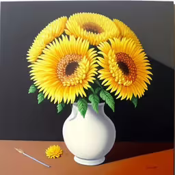 a painting of a vase with sunflowers in it,a painting of three sunflowers in a white vase
