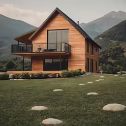 a building with several rocks in front of it