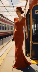 a woman in an orange gown is next to a train,woman in evening gown waiting at train station