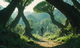 there is a man walking through the trees