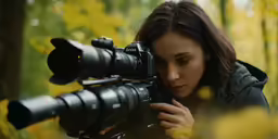woman standing in the woods holding a camera