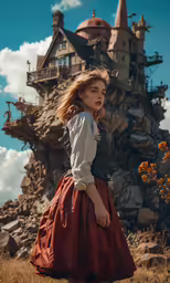 a woman wearing a dress that is in front of a house