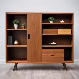 a wooden cabinet with three shelves and several plants