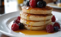 a stack of pancakes covered in syrup, fresh raspberries and blueberries