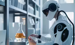 a man in a white suit stands next to a large glass flask