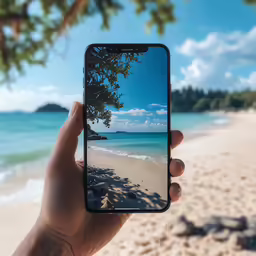 person holding a phone with a beautiful beach and sky in the background