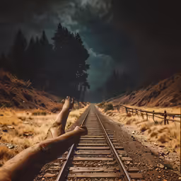a man laying down by the railroad tracks