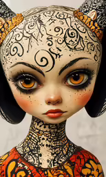 a beautiful doll with large black horns and intricate body art