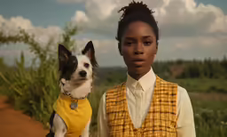 two young women and a dog with clouds in the background
