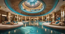 the indoor pool is surrounded by blue pillows