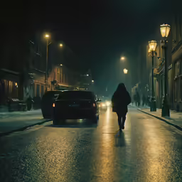 a woman walking down a street at night