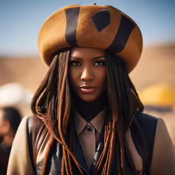 a young woman with brown and black hair with hat