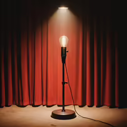 a floor lamp stands by red curtains