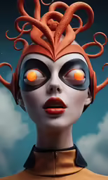 an orange octopus woman with a weird hat and strange hair