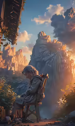 an old man sitting in a chair next to some mountains
