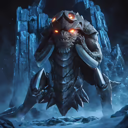 a monster with red eyes standing in the snow