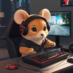 a cute little mouse wearing headphones at a computer