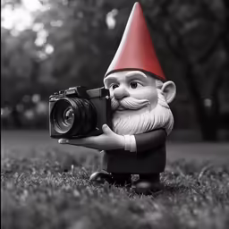 the photographer poses as gnome with camera