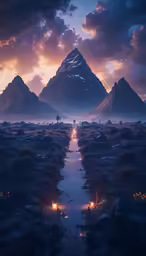 an artistic landscape of mountains with the sun setting