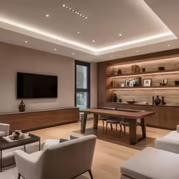 a nice living room with wooden walls and lighting