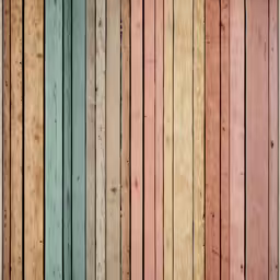 a wooden wall covered in multicolored boards,a very long set of different colored boards