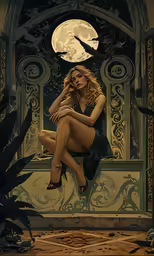 a painting of a young lady sitting in a bench and the full moon is setting behind her