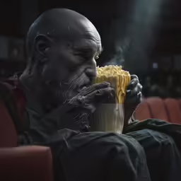 a man wearing a wig sitting in a theater with his eyes covered with pasta