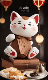 an advertisement features a cat in a suit with its paws raised