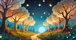 some trees with a pathway going through them at night