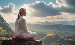 a young woman is sitting on the edge of a cliff overlooking hills