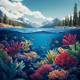 a painting of an underwater scene with many different fish and plants