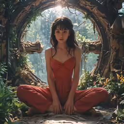 a woman in a red dress sits cross legged on a floor