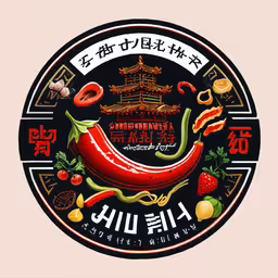 a badge with a chilli on it,a chinese style logo is shown in black and red