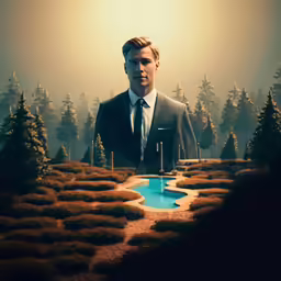 a person in a suit standing on top of a lake