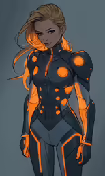 a woman in futuristic clothing with glowing hair and legs