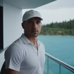 a man in a white hat looks away