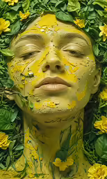 a woman wearing face paint surrounded by flowers