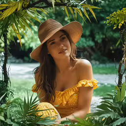 a beautiful woman with a hat is in a forest