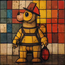 a stained glass picture of a yellow bear with a red hat