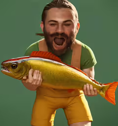 the man is holding a large yellow fish,a man holding a big fish and smoking a cigarette