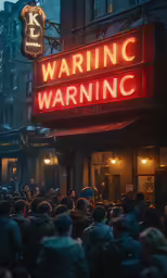 people are standing outside a warning sign on a building