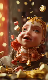 the boy is wearing a golden costume and has lots of confetti flying around him