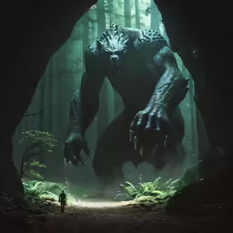 giant godzilla walking out of the dark woods