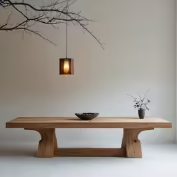 the wooden table with an old lantern hanging above it