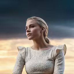 the lady in the dress is staring into the distance