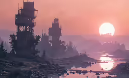 a beautiful sunset behind an industrial and large machine