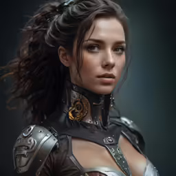 a woman dressed as an old steam punk soldier