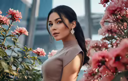 a woman wearing long, sleek, earrings stands among flowers in an indoor setting