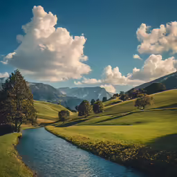 a stream runs through the middle of a green valley