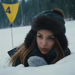a young woman lays in the snow next to a road sign